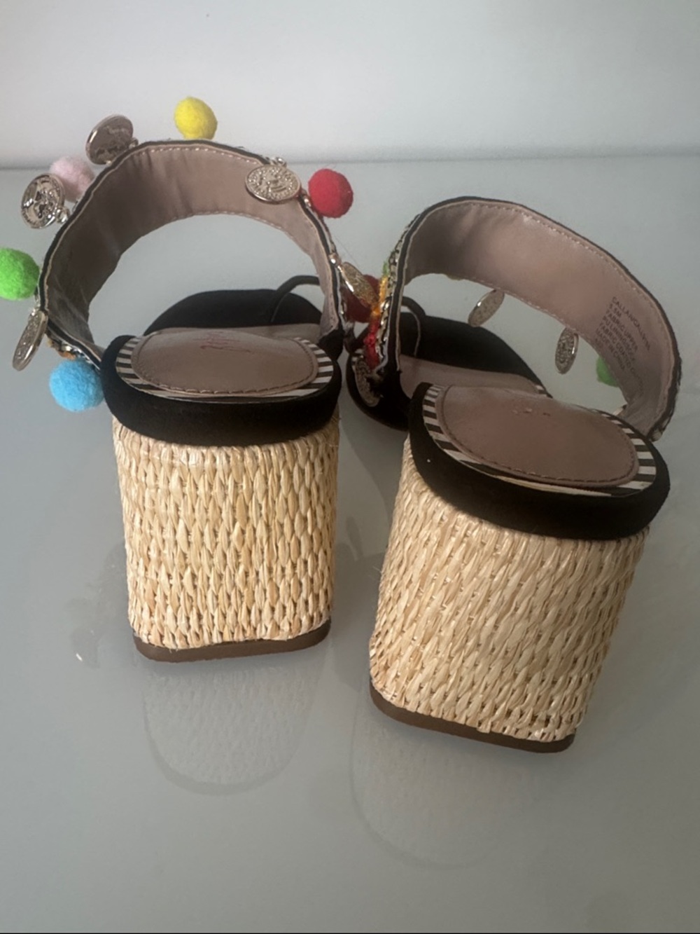 Betsey Johnson Callan Sandals Black Multicolor Coins Pom Poms Size 5.5 - Picture 6 of 10